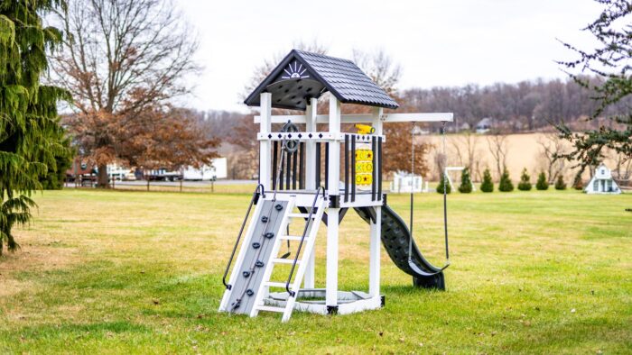 King-Swings-Care-Bear-Castle-Vinyl-Swing-Set-Back-Left