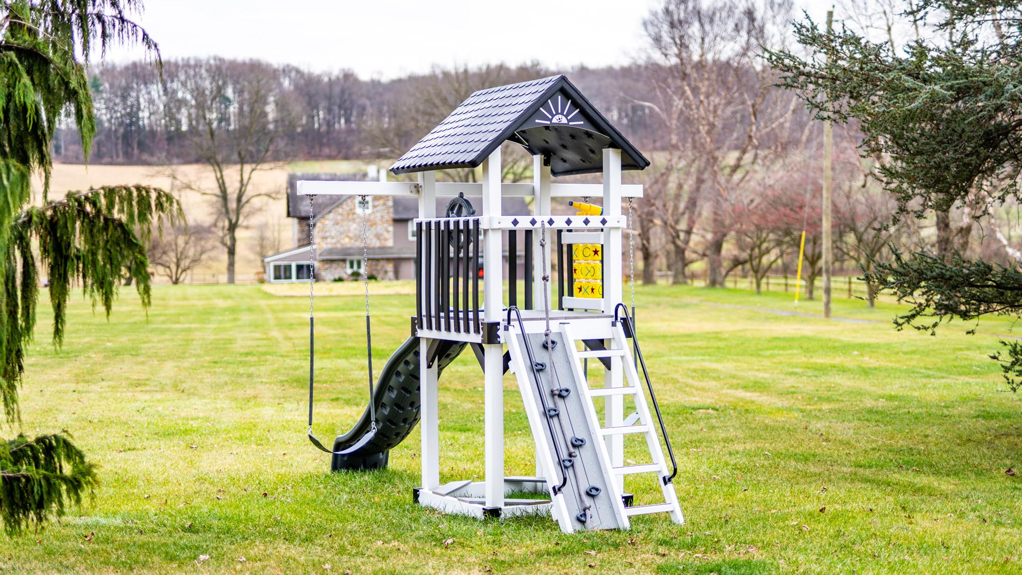 King-Swings-Care-Bear-Castle-Vinyl-Swing-Set-Back-Right