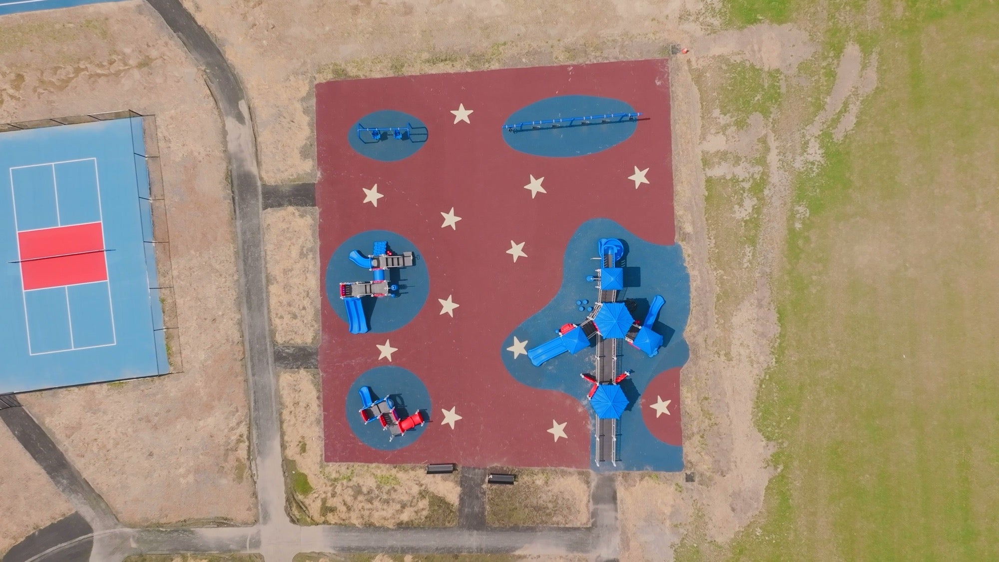 Overhead view of Erie Street Park, Goshen NY, showing the new accessible playground and sport court built by NJ Swingsets & Playgrounds