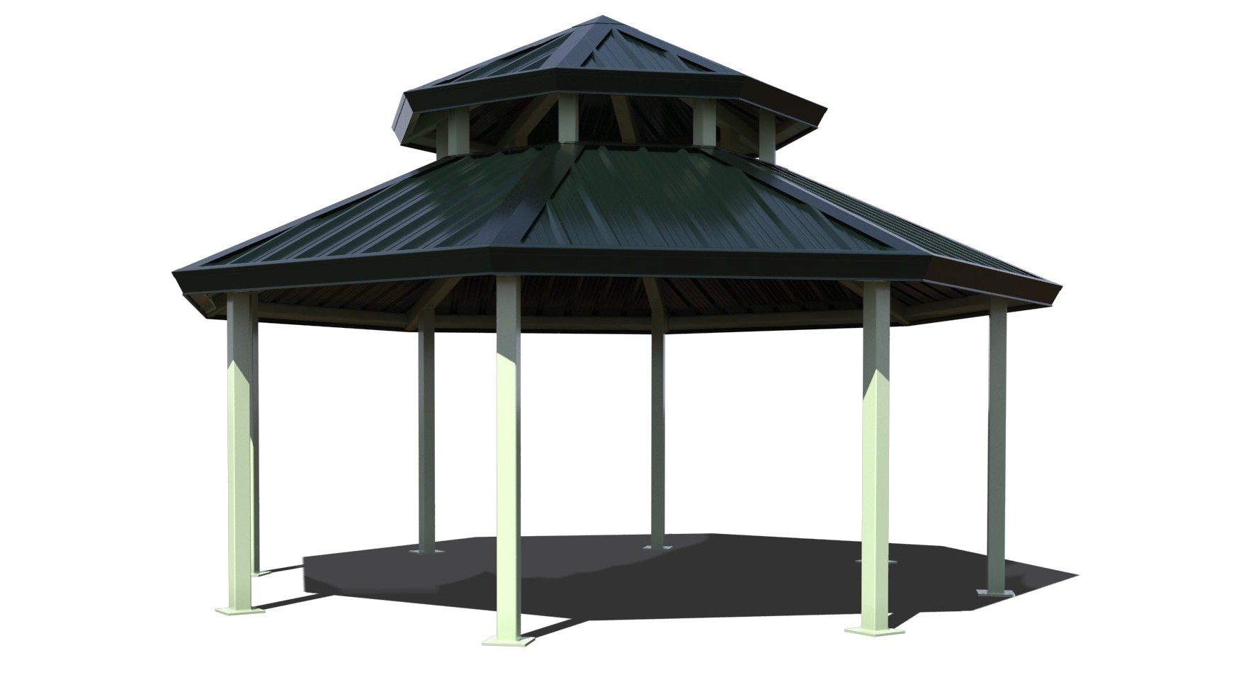 Rendering of an octagon steel shelter with a two-tier dark green metal roof on light-colored columns
